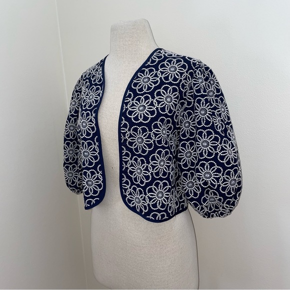 Maeve Anthropologie Navy Embroidery Floral Cropped Draped Shrug Jacket One Size - Picture 5 of 16
